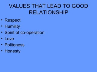 VALUES THAT LEAD TO GOOD
RELATIONSHIP
• Respect
• Humility
• Spirit of co-operation
• Love
• Politeness
• Honesty
 