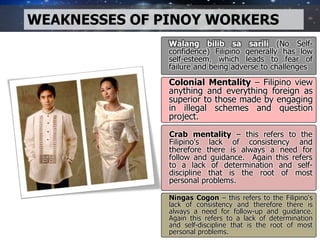 WEAKNESSES OF PINOY WORKERS
Walang bilib sa sarili (No Self-
confidence) Filipino generally has low
self-esteem, which leads to fear of
failure and being adverse to challenges
Colonial Mentality – Filipino view
anything and everything foreign as
superior to those made by engaging
in illegal schemes and question
project.
Crab mentality – this refers to the
Filipino's lack of consistency and
therefore there is always a need for
follow and guidance. Again this refers
to a lack of determination and self-
discipline that is the root of most
personal problems.
Ningas Cogon – this refers to the Filipino's
lack of consistency and therefore there is
always a need for follow-up and guidance.
Again this refers to a lack of determination
and self-discipline that is the root of most
personal problems.
 