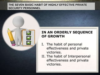 THE SEVEN BASIC HABIT OF HIGHLY EFFECTIVE PRIVATE
SECURITY PERSONNEL
IN AN ORDERLY SEQUENCE
OF GROWTH
I. The habit of personal
effectiveness and private
victories.
II. The habit of Interpersonal
effectiveness and private
victories.
 