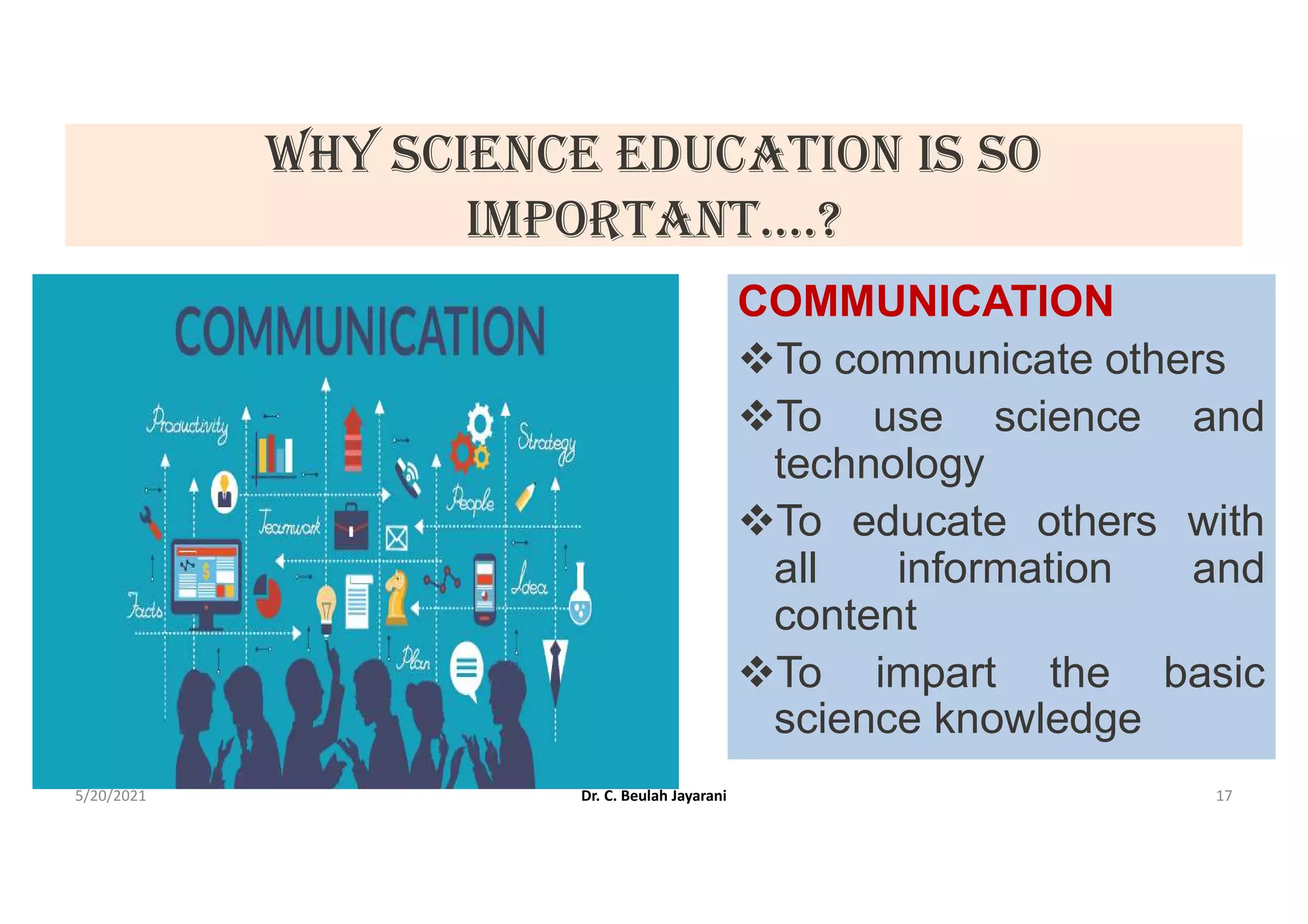 WHY ScIEncE EDUcAtIon IS So
ImportAnt….?
COMMUNICATION
To communicate others
To use science and
technology
To educate others with
all information and
content
To impart the basic
science knowledge
5/20/2021 Dr. C. Beulah Jayarani 17
 