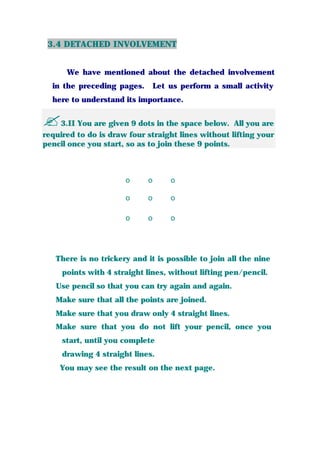 3.4 DETACHED INVOLVEMENT
We have mentioned about the detached involvement
in the preceding pages. Let us perform a small activity
here to understand its importance.
?3.II You are given 9 dots in the space below. All you are
required to do is draw four straight lines without lifting your
pencil once you start, so as to join these 9 points.
ο ο ο
ο ο ο
ο ο ο
There is no trickery and it is possible to join all the nine
points with 4 straight lines, without lifting pen/pencil.
Use pencil so that you can try again and again.
Make sure that all the points are joined.
Make sure that you draw only 4 straight lines.
Make sure that you do not lift your pencil, once you
start, until you complete
drawing 4 straight lines.
You may see the result on the next page.
 