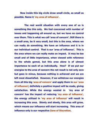 Now inside this big circle draw small circle, as small as
possible. Name it ‘my area of influence’.
The real world situation with every one of us is
something like this only. We feel concerned with number of
issues and happening all around us, but we have no control
over them. This is what we call ‘area of concern’. Still there is
a small area, be it very small, but this is the area, where we
can really do something. We have an influence and it is in
our individual control. That is our ‘area of influence’. This is
the area where we can really make an impact. It may be too
small and of little importance, when viewed with reference
to the whole gamut, but this area alone is of utmost
importance to each of us individually. How? If we put our
energies to the area of concern the net result is not only zero
but goes in minus, because nothing is achieved and we are
left most dissatisfied. However, if we withdraw our energies
from all this big ‘area of concern’ and apply them in our ‘area
of influence’; definitely a positive impact will be made, giving
satisfaction. While the energy wasted in ‘my area of
concern’ has the impact of reducing ‘my area of influence’,
the energy utilized in ‘my area of influence’ will result in
increasing this area. Slowly and slowly, this area will grow,
which means our influence will start increasing. This area of
influence only is our respective Zone of Discretion.
 