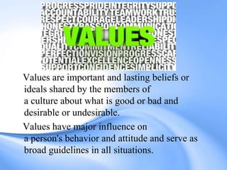 Values are important and lasting beliefs or
ideals shared by the members of
a culture about what is good or bad and
desira...