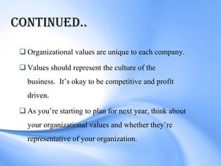CONTINUED..

  Organizational values are unique to each company.

  Values should represent the culture of the
   busine...