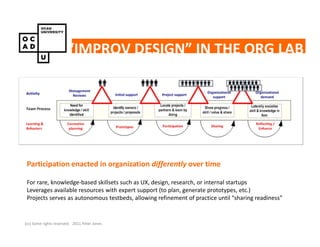 “IMPROV DESIGN” IN THE ORG LAB




 Participation enacted in organization differently over time

 For rare, knowledge-based skillsets such as UX, design, research, or internal startups
 Leverages available resources with expert support (to plan, generate prototypes, etc.)
 Projects serves as autonomous testbeds, allowing refinement of practice until “sharing readiness”


(cc) Some rights reserved. 2011 Peter Jones
 
