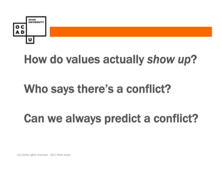 How do values actually show up?

     Who says there’s a conflict?

     Can we always predict a conflict?

(cc) Some rights reserved. 2011 Peter Jones
 