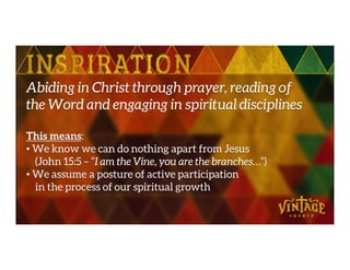 Abiding in Christ through prayer, reading of
the Word and engaging in spiritual disciplines
This means:This means:
• We know we can do nothing apart from Jesus
(John 15:5 – “I am the Vine, you are the branches…”)
• We assume a posture of active participation
in the process of our spiritual growth
 