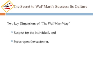 The Secret to Wal*Mart’s Success: Its Culture



Two key Dimensions of “The Wal*Mart Way”

     Respect for the individual, and

     Focus upon the customer.
 