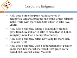 Corporate Enigmas

   How does a little company headquartered in
    Bentonville Arkansas become one of the largest retailers
    in the world with more than $315 billion in sales (Wal-
    Mart)?
   How does a company selling a commodity product
    grow from $122 million in sales to more than $5 billion
    in slightly more than a decade (Starbucks)?
   How does a company retain its vitality for more than
    100 years (GE)?
   How does a company with a dominant market position
    (more than 42% market share) fall from grace over a
    period of 20 years (General Motors)?
 