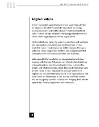 V A L U E S SM M A N A G E R G U I D E




Aligned Values
When you work in an environment where your work activities
are aligned with what you consider important, the energy,
motivation, desire, and will to achieve even the most difficult
tasks seems to emerge. Therefore, clarifying personal and work
values can be a great resource for an organization.

First we clarify our values for ourselves, and then with our team
and organization. Sometimes, our most important or most
neglected values remain somewhat hidden from us. Unclear or
unknown values can produce conflicts and contradictions that
can make people feel confused, blocked and frustrated.

Values provide the foundation for an organization’s strategy,
mission, and structure. Values are a set of understandings in an
organization about how to work together, how to treat other
people, and what is most important. These understandings form
the core values. In most organizations they are understood,
implicit, but they are seldom discussed. Most organizational and
team values are unconscious, in that they lie below the surface
and are not openly explored or discussed. Bringing them into the
light of day, enhances agreement and connection.




12
 