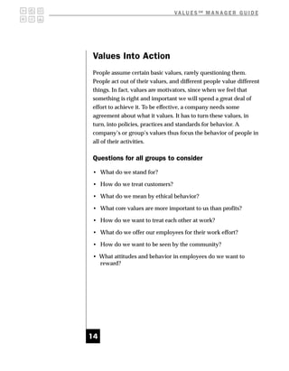 V A L U E S SM M A N A G E R G U I D E




Values Into Action
People assume certain basic values, rarely questioning them.
People act out of their values, and different people value different
things. In fact, values are motivators, since when we feel that
something is right and important we will spend a great deal of
effort to achieve it. To be effective, a company needs some
agreement about what it values. It has to turn these values, in
turn, into policies, practices and standards for behavior. A
company’s or group’s values thus focus the behavior of people in
all of their activities.

Questions for all groups to consider

• What do we stand for?

• How do we treat customers?

• What do we mean by ethical behavior?

• What core values are more important to us than profits?

• How do we want to treat each other at work?

• What do we offer our employees for their work effort?

• How do we want to be seen by the community?

• What attitudes and behavior in employees do we want to
  reward?




14
 
