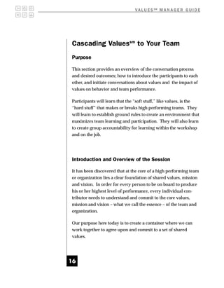 V A L U E S SM M A N A G E R G U I D E




Cascading Valuessm to Your Team
Purpose

This section provides an overview of the conversation process
and desired outcomes; how to introduce the participants to each
other, and initiate conversations about values and the impact of
values on behavior and team performance.

Participants will learn that the “soft stuff,” like values, is the
“hard stuff” that makes or breaks high performing teams. They
will learn to establish ground rules to create an environment that
maximizes team learning and participation. They will also learn
to create group accountability for learning within the workshop
and on the job.




Introduction and Overview of the Session

It has been discovered that at the core of a high performing team
or organization lies a clear foundation of shared values, mission
and vision. In order for every person to be on board to produce
his or her highest level of performance, every individual con-
tributor needs to understand and commit to the core values,
mission and vision – what we call the essence – of the team and
organization.

Our purpose here today is to create a container where we can
work together to agree upon and commit to a set of shared
values.




16
 