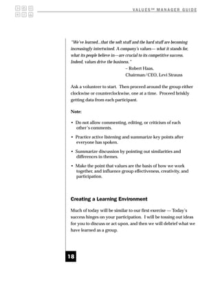 V A L U E S SM M A N A G E R G U I D E




“We’ve learned...that the soft stuff and the hard stuff are becoming
increasingly intertwined. A company’s values— what it stands for,
what its people believe in—are crucial to its competitive success.
Indeed, values drive the business.”
                                 – Robert Haas,
                                 Chairman/CEO, Levi Strauss

Ask a volunteer to start. Then proceed around the group either
clockwise or counterclockwise, one at a time. Proceed briskly
getting data from each participant.

Note:

• Do not allow commenting, editing, or criticism of each
  other’s comments.

• Practice active listening and summarize key points after
  everyone has spoken.

• Summarize discussion by pointing out similarities and
  differences in themes.

• Make the point that values are the basis of how we work
  together, and influence group effectiveness, creativity, and
  participation.




Creating a Learning Environment

Much of today will be similar to our first exercise — Today’s
success hinges on your participation. I will be tossing out ideas
for you to discuss or act upon, and then we will debrief what we
have learned as a group.




18
 