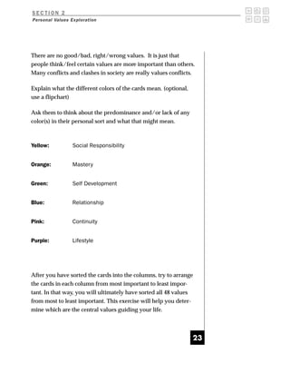 SECTION 2
Personal Values Exploration




There are no good/bad, right/wrong values. It is just that
people think/feel certain values are more important than others.
Many conflicts and clashes in society are really values conflicts.

Explain what the different colors of the cards mean. (optional,
use a flipchart)

Ask them to think about the predominance and/or lack of any
color(s) in their personal sort and what that might mean.



Yellow:          Social Responsibility


Orange:          Mastery


Green:           Self Development


Blue:            Relationship


Pink:            Continuity


Purple:          Lifestyle




After you have sorted the cards into the columns, try to arrange
the cards in each column from most important to least impor-
tant. In that way, you will ultimately have sorted all 48 values
from most to least important. This exercise will help you deter-
mine which are the central values guiding your life.




                                                                  23
 