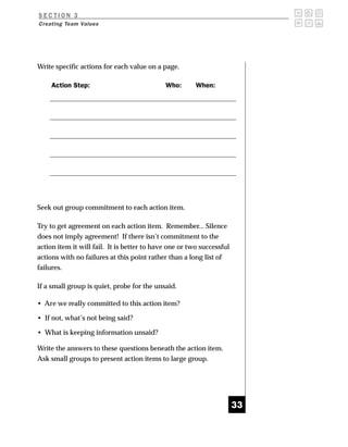SECTION 3
Creating Team Values




Write specific actions for each value on a page.

     Action Step:                            Who:       When:




Seek out group commitment to each action item.

Try to get agreement on each action item. Remember... Silence
does not imply agreement! If there isn’t commitment to the
action item it will fail. It is better to have one or two successful
actions with no failures at this point rather than a long list of
failures.

If a small group is quiet, probe for the unsaid.

• Are we really committed to this action item?

• If not, what’s not being said?

• What is keeping information unsaid?

Write the answers to these questions beneath the action item.
Ask small groups to present action items to large group.




                                                                       33
 