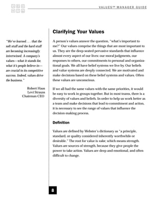 V A L U E S SM M A N A G E R G U I D E




                                 Clarifying Your Values
“We’ve learned . . . that the    A person’s values answer the question, “what’s important to
soft stuff and the hard stuff    me?” Our values comprise the things that are most important to
are becoming increasingly        us. They are the deep-seated pervasive standards that influence
intertwined. A company’s         almost every aspect of our lives: our moral judgments, our
values—what it stands for,       responses to others, our commitments to personal and organiza-
what it’s people believe in—     tional goals. We all have belief systems we live by. Our beliefs
are crucial to its competitive   and value systems are deeply connected. We are motivated and
success. Indeed, values drive    make decisions based on these belief systems and values. Often
the business.”                   these values are unconscious.

                Robert Haas      If we all had the same values with the same priorities, it would
                Levi Strauss     be easy to work in groups together. But in most teams, there is a
             Chairman CEO
                                 diversity of values and beliefs. In order to help us work better as
                                 a team and make decisions that lead to commitment and action,
                                 it is necessary to see the range of values that influence the
                                 decision-making process.

                                 Definition

                                 Values are defined by Webster’s dictionary as “a principle,
                                 standard, or quality considered inherently worthwhile or
                                 desirable.” The root for value is valor, which means strength.
                                 Values are sources of strength, because they give people the
                                 power to take action. Values are deep and emotional, and often
                                 difficult to change.




                                 8
 