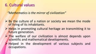 Values of learning mathematics & correlation of mathematics