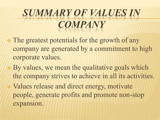 SUMMARY OF VALUES IN
          COMPANY
 The greatest potentials for the growth of any
  company are generated by a commit...