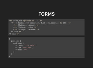 FORMS
<%= form_for @person do |f| %>
<%= f.fields_for :address, f.object.address do |ff| %>
<%= ff.input :street %>
<%= ff.input :city %>
<%= ff.input :statee %>
<% end %>
<% end %>
{
person: {
address: {
street: "123 Main",
city: "Boulder",
state: "CO"
}
}
}
 