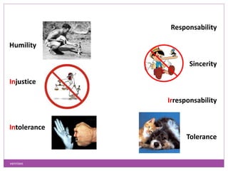Humility
Injustice
Intolerance
Responsability
Sincerity
Irresponsability
Tolerance
vanniavc
 