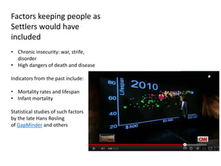 Factors keeping people as
Settlers would have
included
• Chronic insecurity: war, strife,
disorder
• High dangers of death and disease
Indicators from the past include:
• Mortality rates and lifespan
• Infant mortality
Statistical studies of such factors
by the late Hans Rosling
of GapMinder and others
 