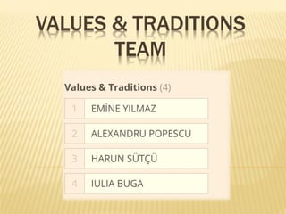 VALUES & TRADITIONS
TEAM
 