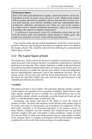 1.2 The Four Goals of Production 19
Performance figures
Each of the three goal dimensions of quality, speed and economy can be dis-
tinguished in terms of market goals and factory goals. Market goals include
delivery quality and delivery capability, delivery time and delivery price. Fac-
tory goals basically cover delivery reliability, lead time, replenishment time,
productivity, utilisation, and material costs. These are some of the common
key figures used to measure production performance, which can be extended
according to the respective company circumstances.
A performance measurement system for a production system must set out
from the factory goals with parameters being adjusted to market goals, and
needs to be structured, of course, in line with the goal dimensions.
It has not been dealt with the mutual dependencies of the three classic goal di-
mensions. Moreover, the fourth goal dimension of variability needs to be added to
the triangle scheme. This should be achieved in the following by constructing the
logical square of goals.
1.2.2 The Logical Square of Goals
The fourth goal, which is about an increased variability of production systems, is
rarely discussed in the technical literature on production organisation or explicitly
mentioned in passing only. Thus another dimension is added to the goal dilemma
of production described in greater detail above. In setting out the factory goals it is
therefore necessary to consider the specific goal conflicts of the four independent
and not interchangeable dimensions, and to take appropriate decisions. The fol-
lowing section will not only deal with the fourth goal dimension, but also with
the course the individual conflict lines take between the goal dimensions in the
expanded goal dilemma of production.
Variability
The market goal here is deliverability. This parameter indicates whether a product
is deliverable at all, regardless of its momentary availability. While delivery capa-
bility informs whether an item is available on a specified delivery date or not,
deliverability indicates whether, in principle, a customer need can be met and sup-
plied, i.e. what the product range on offer looks like.
Accordingly, one factory goal must be the ability to cover the variety of
products on offer. Flexibility and mutability ensure that the entire product range in
its variety and extent of customisation can be produced. In comparison with the
other goals, variability is of increasing importance to the business success. In
many markets, companies can only maintain their competitiveness by attaching
particular weight to this goal. Top quality is often considered a matter of course
and only the ability to make tailor-made products that are made quickly available
to the customer allows a company to distinguish itself from the product standard
available all over the world with, for the most part, low profit margins.
 