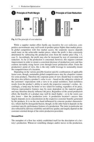 8 1 Production Optimization
Profit
PriceofProduct
+ = - =
1 Principle of Profit Margin 2 Principle of Cost Reduction
MarketPrice
!
MarketPrice
Profit
ProductionCosts
ProductionCosts
Fig. 1.1 The principle of cost reduction
While a supplier market offers hardly any incentive for cost reduction, com-
petitive environments may well result in product prices higher than market prices.
In global competition with free market access, the corporate success depends
much more on the achievable market prices, where the profit is then conversely
determined by subtracting the production costs from the market price (Fig. 1.1,
case 2). Accordingly, the profit may also be increased by way of consistent cost
reduction. As far as the production is concerned, however, this requires constant
improvement in order to ensure a consistent decrease of production costs and thus
cushion inevitably rising factor costs through lower production effort. From the
production’s point of view, this is the only viable leverage to sustainably ensure
the competitiveness of a location.
Depending on the various possible location-specific combinations of applicable
factor costs, though, sustainable global competitiveness may be a hopeless venture
for some products. Therefore the corporate point of view should bear in mind that
the price also reflects a product’s value in use – based on the subjective criteria of
the customers’ expectations with a view to its actual usefulness. Said usefulness
results from the product’s ability to satisfy the respective customer’s wishes. Ac-
cordingly, a lamp may be better or less suited for reading, regardless of its price,
whereas representative features may by more dependent on the material quality
and may therefore directly influence the price. Regardless of the actual production
effort, the benefits of a product may well be much higher – or in the worst case
also lower – than the production costs. A production location’s success thus
largely depends on its concentration on the respective customer benefits generated
by the products. It is on the one hand influenced by concrete product characteris-
tics, which shall be disregarded herein, though; on the other hand it depends on the
customer-specific performance features of a production. The latter in particular are
also reflected by delivery reliability and delivery quality and largely depend on the
customer-oriented design of the entire production procedure.
Stream/Flow
The metaphor of a flow has widely established itself for the description of a fac-
tory’s production. Whenever something changes and/or moves in the production,
 