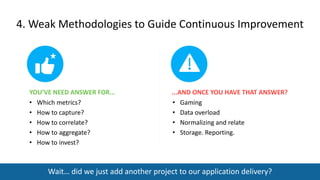 4. Weak Methodologies to Guide Continuous Improvement
Wait… did we just add another project to our application delivery?
YOU’VE NEED ANSWER FOR... ...AND ONCE YOU HAVE THAT ANSWER?
• Which metrics?
• How to capture?
• How to correlate?
• How to aggregate?
• How to invest?
• Gaming
• Data overload
• Normalizing and relate
• Storage. Reporting.
 