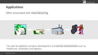 citoolkit.com
Applications
Often associated with manufacturing.
Value Stream Map 11
Can also be applied in product development and service environments such as
healthcare, hospitality and logistics.
 