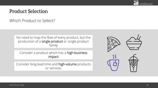 citoolkit.com
Product Selection
Which Product to Select?
Value Stream Map 28
No need to map the flow of every product, but the
production of a single product or single product
family
Consider long lead time and high-volume products
or services
Consider a product which has a high business
impact
 