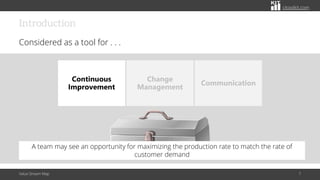 citoolkit.com
Introduction
Considered as a tool for . . .
Value Stream Map 7
Communication
Change
Management
Continuous
Improvement
A team may see an opportunity for maximizing the production rate to match the rate of
customer demand
 