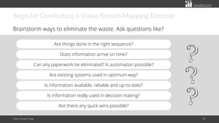 citoolkit.com
Steps for Conducting a Value Stream Mapping Exercise
Brainstorm ways to eliminate the waste. Ask questions like?
Value Stream Map 87
Does information arrive on time?
Can any paperwork be eliminated? Is automation possible?
Is information available, reliable and up-to-date?
Are existing systems used in optimum way?
Is information really used in decision making?
Are there any quick wins possible?
Are things done in the right sequence?
 