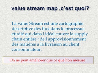  La value Stream est une cartographie 
descriptive des flux dans le processus 
étudié qui dans l idéal couvre la supply 
chain entière ; de l approvisionnement 
des matières a la livraison au client 
consommateur. 
 
On ne peut améliorer que ce que l’on mesure ! 
 