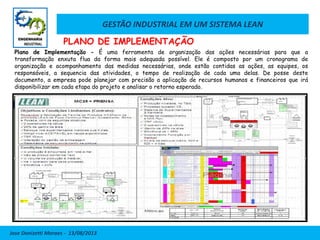 GESTÃO INDUSTRIAL EM UM SISTEMA LEAN
Jose Donizetti Moraes - 13/08/2013
Plano de Implementação - É uma ferramenta de organização das ações necessárias para que a
transformação enxuta flua da forma mais adequada possível. Ele é composto por um cronograma de
organização e acompanhamento das medidas necessárias, onde estão contidas as ações, as equipes, os
responsáveis, a sequencia das atividades, o tempo de realização de cada uma delas. De posse deste
documento, a empresa pode planejar com precisão a aplicação de recursos humanos e financeiros que irá
disponibilizar em cada etapa do projeto e analisar o retorno esperado.
PLANO DE IMPLEMENTAÇÃO
 