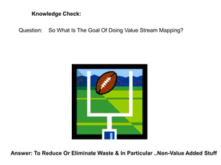 Question: So What Is The Goal Of Doing Value Stream Mapping?
Answer: To Reduce Or Eliminate Waste & In Particular ..Non-Value Added Stuff
Knowledge Check:
 