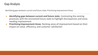 Gap Analysis
● Identifying gaps between current and future state: Contrasting the existing
processes with the envisioned future state to highlight discrepancies and areas
needing improvement
● Prioritizing Improvement Areas: Ranking areas of improvement based on their
impact on value, efficiency, and customer satisfaction
10
Identifying gaps between current and future state, Prioritizing Improvement Areas
 