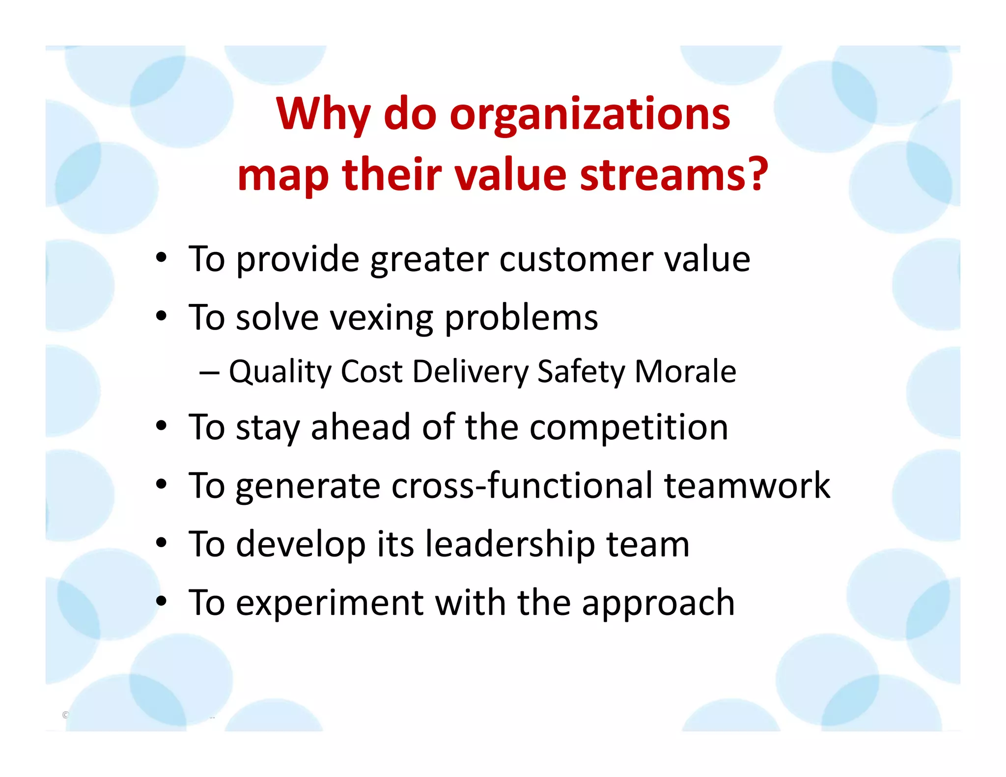 © 2014 The Karen Martin Group, Inc. 19
Why do organizations 
map their value streams?
• To provide greater customer value
• To solve vexing problems
– Quality Cost Delivery Safety Morale
• To stay ahead of the competition
• To generate cross‐functional teamwork
• To develop its leadership team
• To experiment with the approach
 