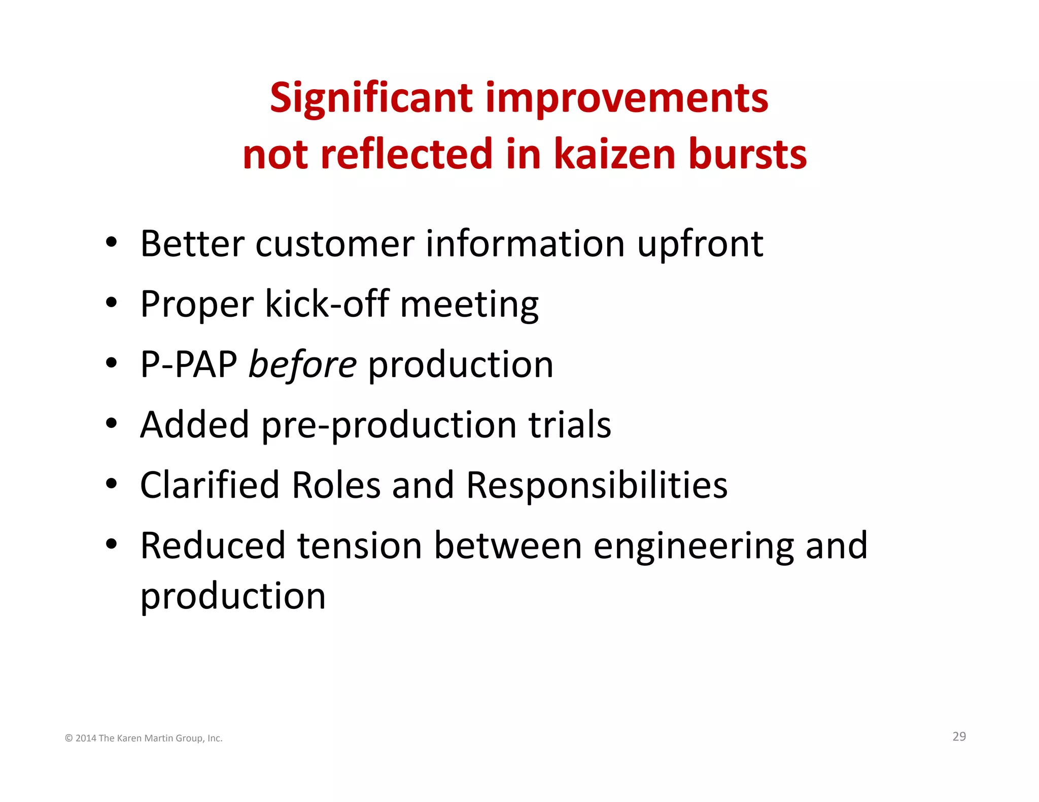 © 2014 The Karen Martin Group, Inc. 29
Significant improvements
not reflected in kaizen bursts
• Better customer information upfront
• Proper kick‐off meeting
• P‐PAP before production
• Added pre‐production trials
• Clarified Roles and Responsibilities
• Reduced tension between engineering and 
production
 