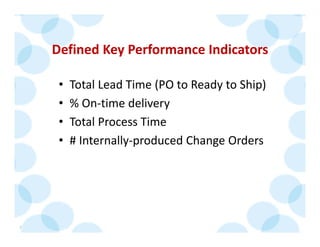 © 2014 The Karen Martin Group, Inc. 30
Defined Key Performance Indicators
• Total Lead Time (PO to Ready to Ship)
• % On‐t...