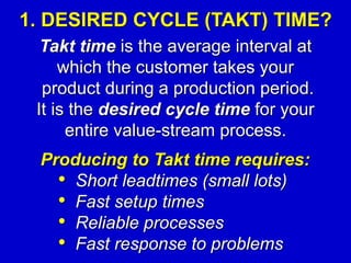 1. DESIRED CYCLE (TAKT) TIME?
Takt time is the average interval at
which the customer takes your
product during a production period.
It is the desired cycle time for your
entire value-stream process.
Producing to Takt time requires:
• Short leadtimes (small lots)
• Fast setup times
• Reliable processes
• Fast response to problems
 