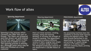 Work flow of altex
Spinning department
Spinning is the process which
converts raw fiber into yarn or
thread. The fibers are prepared
and then drawn out and twisted
to form the yarn, which is then
wound onto a bobbin or cone.
The spinning process is entirely
dry, although some yarns may be
dyed and finished as a final
customer
Weaving department
there are three sections; winding,
warping, sizing and weaving.
Winding; to increase the strength of
thread in warping. The department
is designed to produce different
variety of fabric ranging from simple
plain to complex design of fabric.
The designed production Capacity of
this department is 28,000 meters of
fabric.
PROCESSING department
the processing machines have the
capability to process both reactive
dyeing and pigment prints. The
main process performed in this
department are dying, bleaching
and printing. It’s yearly design
capacity is 15 million meter
Different sheeting (Dyed, printing
and bleached)
 