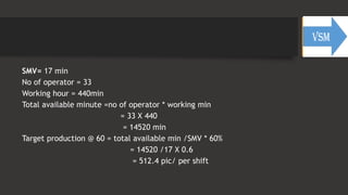 SMV= 17 min
No of operator = 33
Working hour = 440min
Total available minute =no of operator * working min
= 33 X 440
= 14520 min
Target production @ 60 = total available min /SMV * 60%
= 14520 /17 X 0.6
= 512.4 pic/ per shift
 