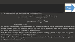 • If we use single picas flow system it increase the production time
𝑝roduction rate =
expected production − current production
current production
x 100
𝑝roduction rate =
512.4 − 458
458
x 100
Production rate =11.87%
But the basic concern of the layout improvement will focus on the result of process flow analysis. According to the
analysis, since the process flow mechanism is bundle flow, large amount of delay and WIP is seen on the line. Therefore
the concept of one piece flow is believed to be the better option
From this result if changing the production system from progressive bundling system in to single piece flow system it
increases the production rate up to 11% of the production.
Single piece flow is the ideal state where parts are manufactured one at a time, and flow throughout the manufacturing and supply chain
as single unit, transferred as customer’s order
 
