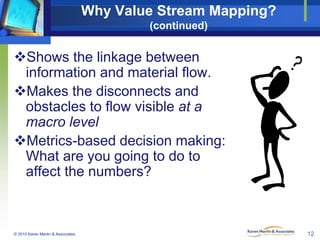 Why Value Stream Mapping?
(continued)

Shows the linkage between
information and material flow.
Makes the disconnects an...