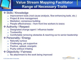 Value Stream Mapping Facilitator
Range of Necessary Traits
 Skills / Knowledge





Improvement tools (root cause ana...