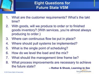 Eight Questions for
Future State VSM
1. What are the customer requirements? What’s the takt
time?
2. With goods, will we p...