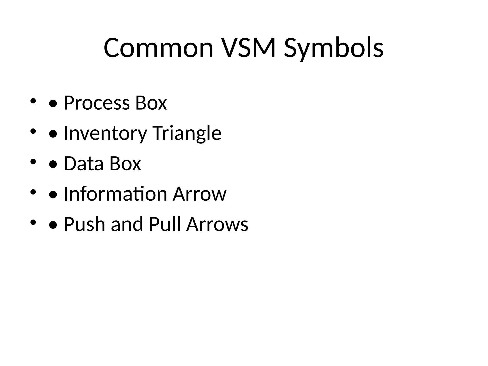 Common VSM Symbols
• • Process Box
• • Inventory Triangle
• • Data Box
• • Information Arrow
• • Push and Pull Arrows
 