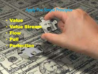 Apply Five Simple Principles
• Value
• Value Stream
• Flow
• Pull
• Perfection
 