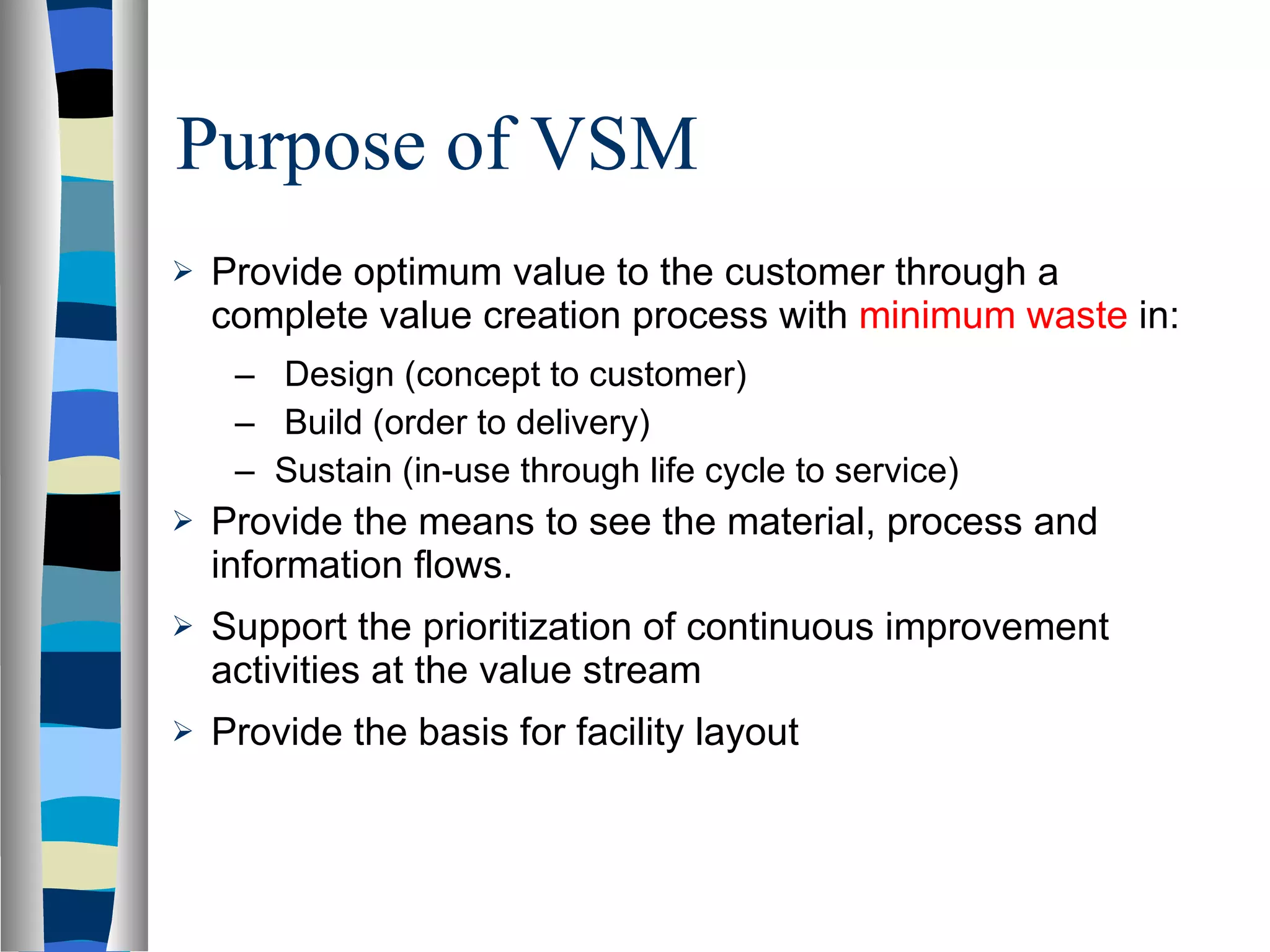 Purpose of VSM Provide optimum value to the customer through a complete value creation process with  minimum waste  in: Design (concept to customer) Build (order to delivery) Sustain (in-use through life cycle to service) Provide the means to see the material, process and information flows. Support the prioritization of continuous improvement activities at the value stream Provide the basis for facility layout 